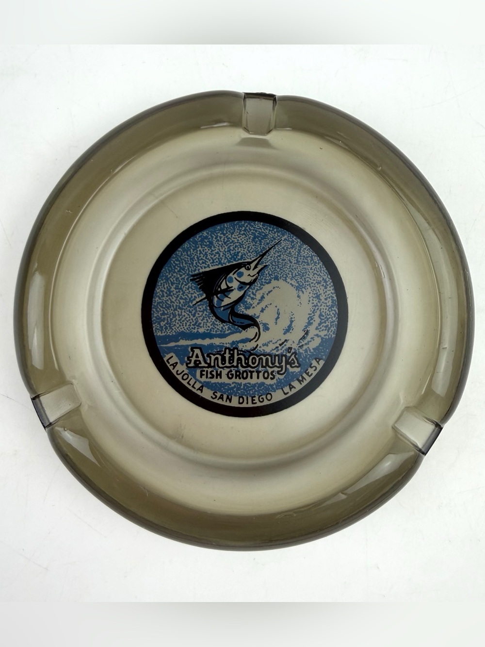 Vintage Anthony’s Fish Grotto Smoky Glass Ashtray San Diego La Jolla La Mesa MCM